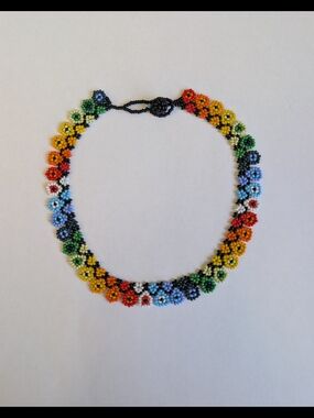 Handmade beaded necklace with multicolored floral design